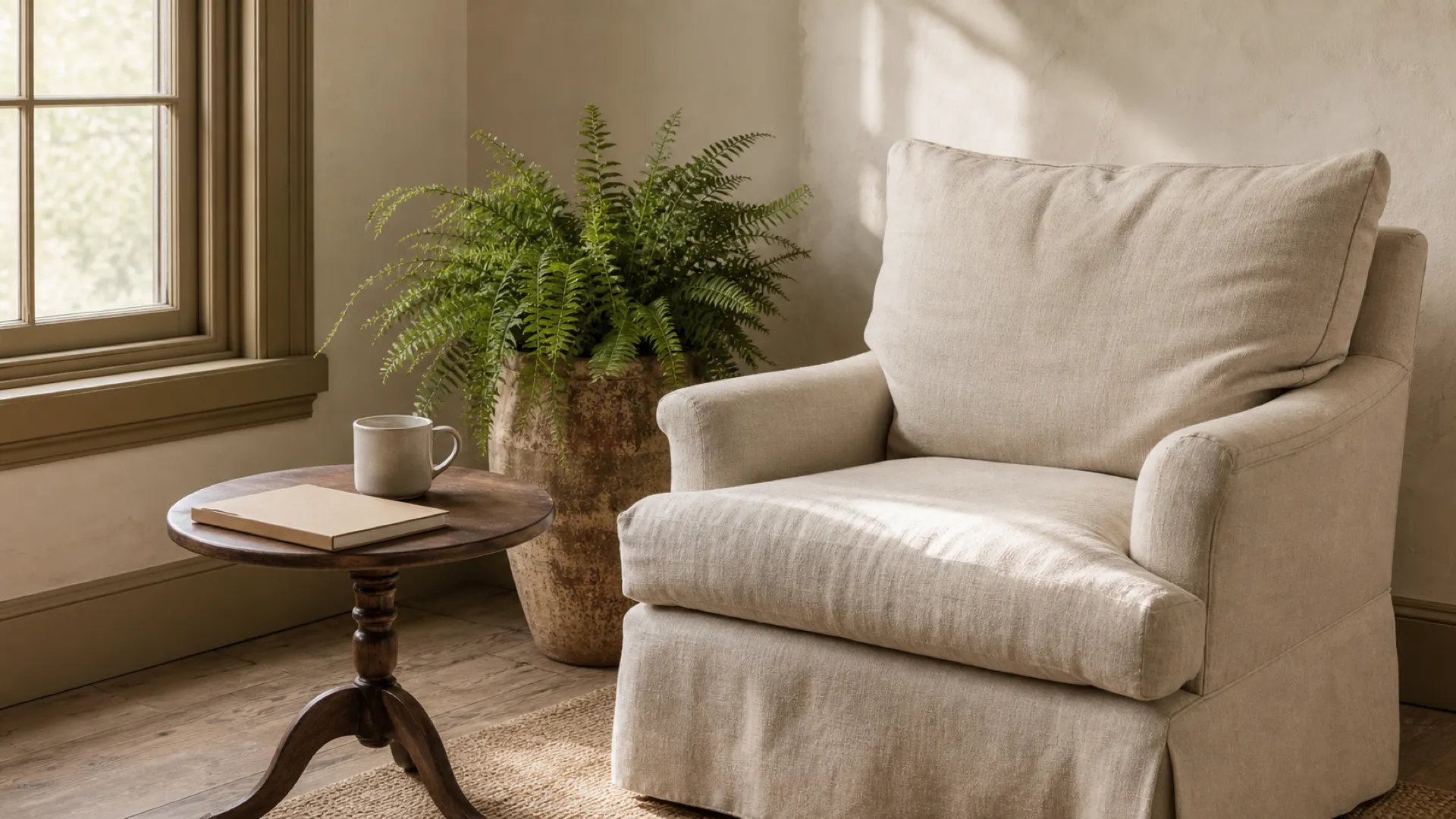 A cozy reading corner with a comfortable chair and stacked books.